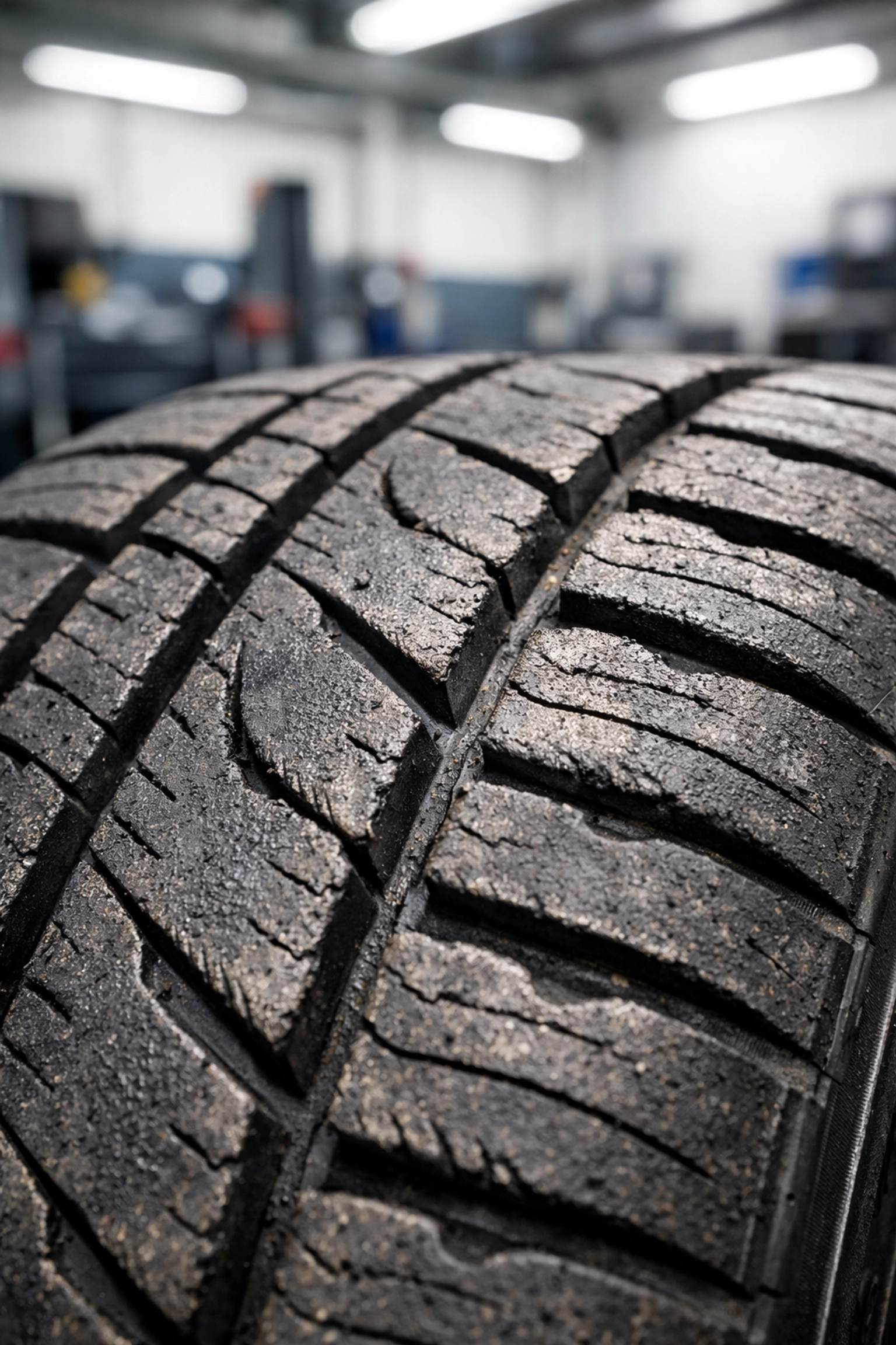 Close-up of uneven tire tread wear patterns caused by poor wheel alignment in Bonne Terre, MO.