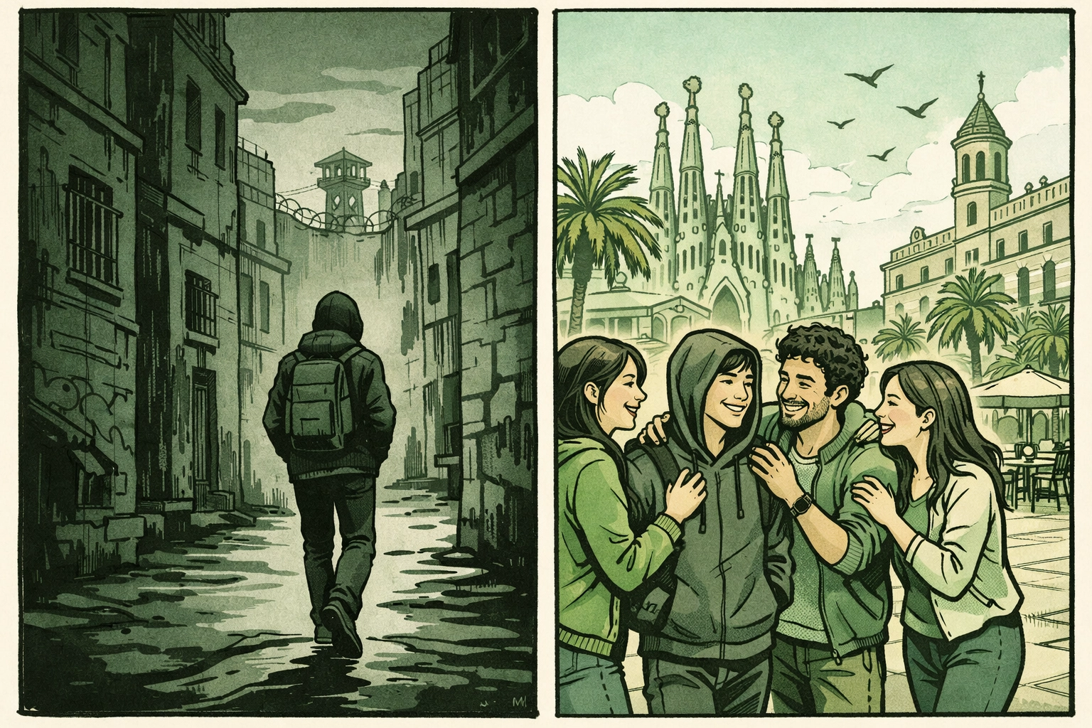 LGBTQ+ refugee journey from persecution to freedom illustrated in Barcelona plaza