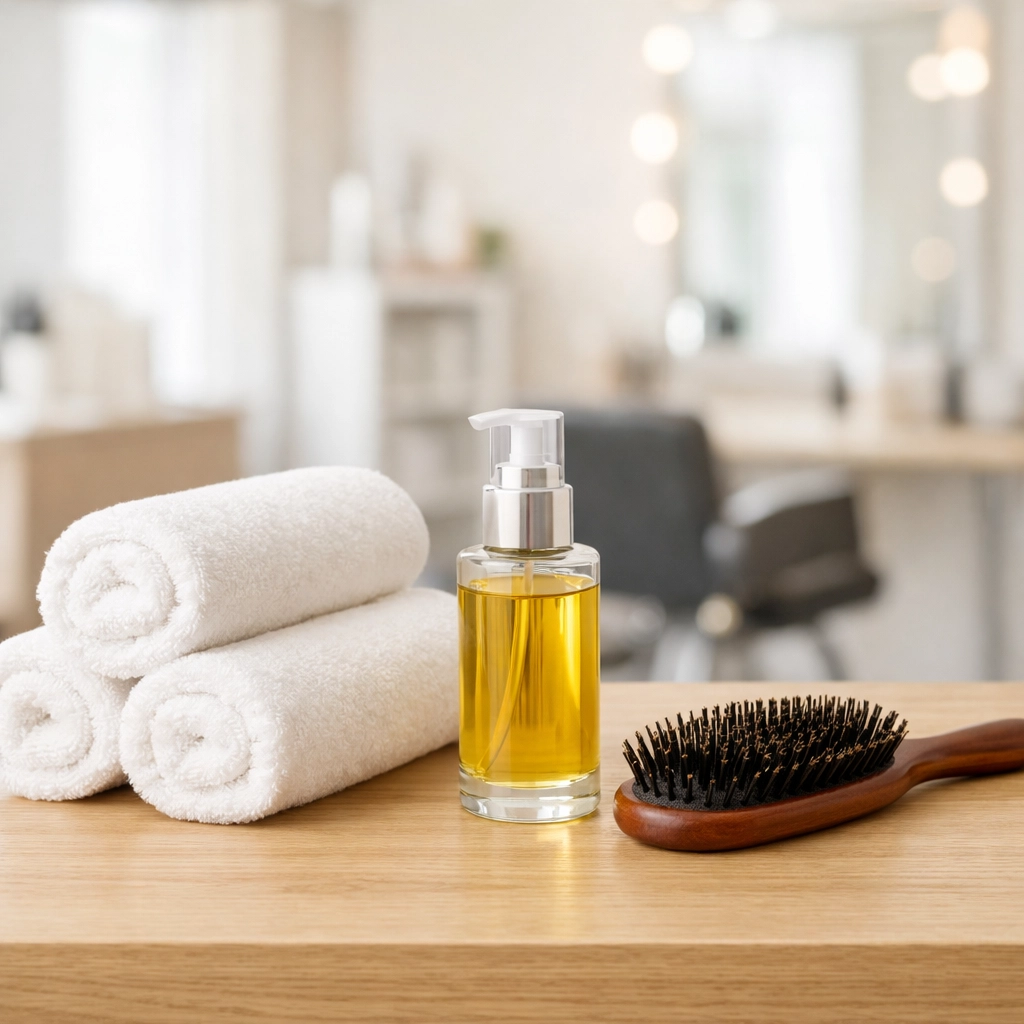 Professional styling tools and luxury hair oil at a premier hair salon in Concord, NH.