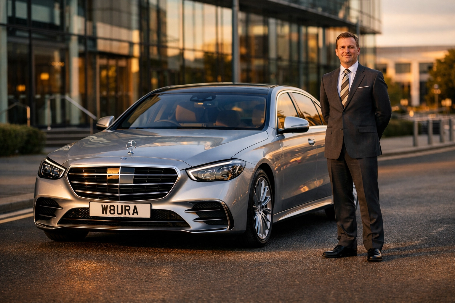 Executive chauffeur hire Nottingham with a silver Mercedes-Benz S-Class for reliable airport transfers.