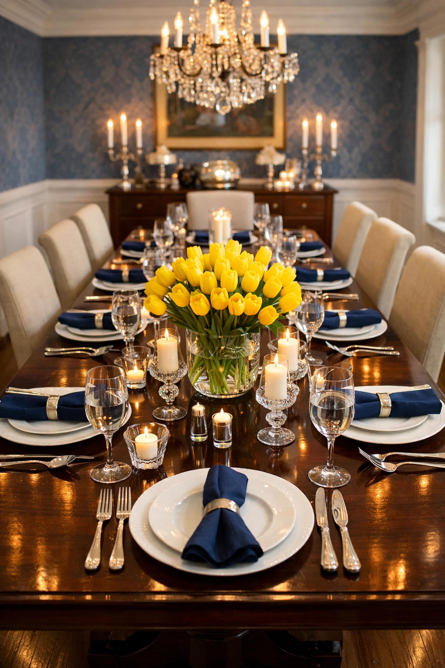 Formal Wellesley dining room with polished mahogany table and chandelier, perfectly prepared by expert house cleaners.