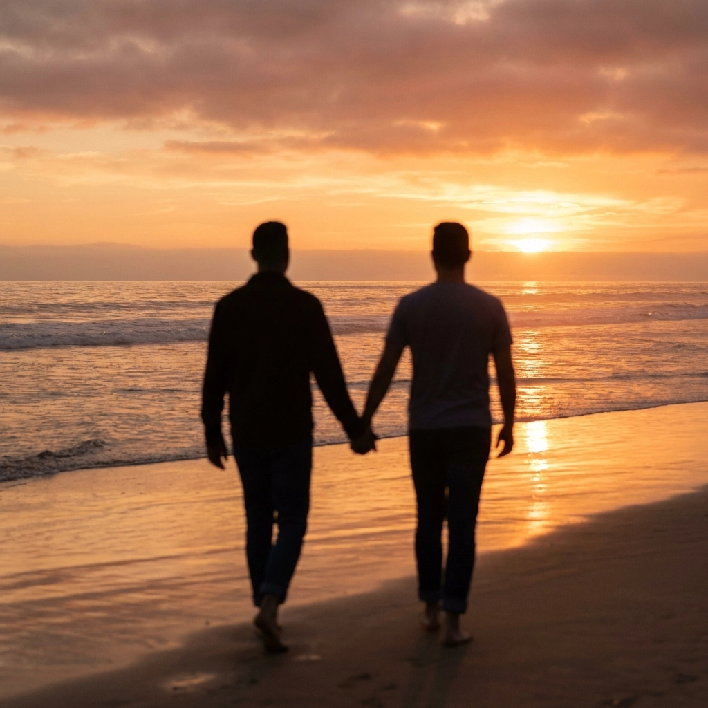 Gay couple walking hand-in-hand on Zipolite nude beach at sunset in Mexico
