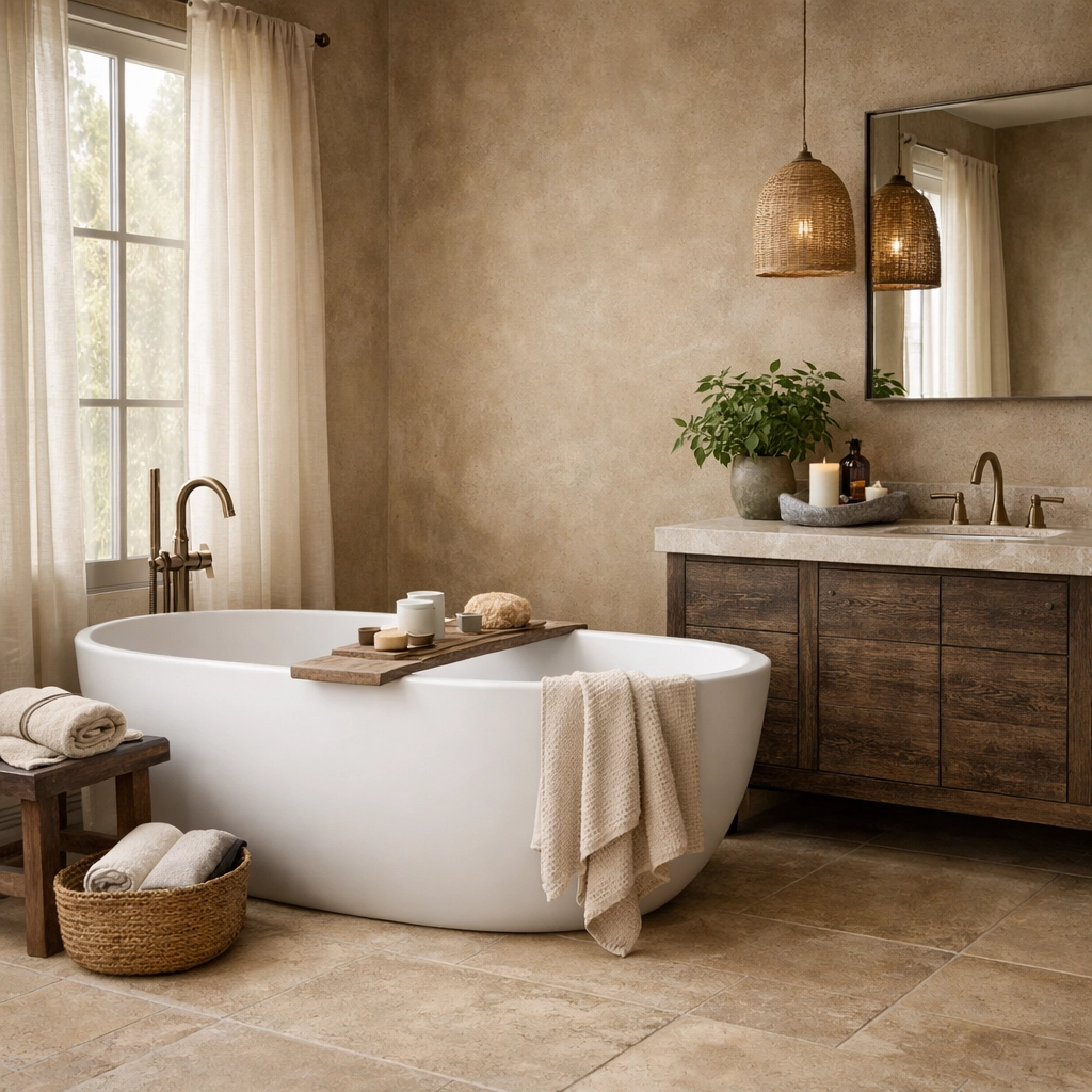 Serene master bathroom renovation in Orlando featuring a freestanding soaking tub and natural stone flooring.