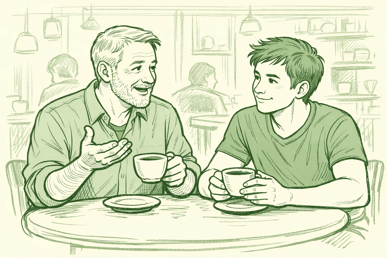 Older gay mentor offering advice to younger man at café about first MM relationship