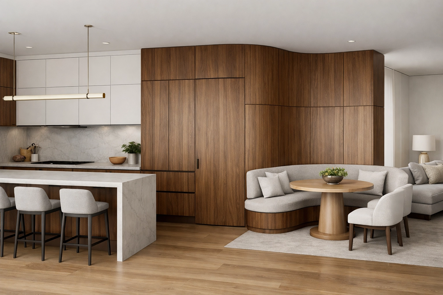 Modern residential kitchen featuring Luke Mitchell Standard custom cabinets and walnut cabinetry details.
