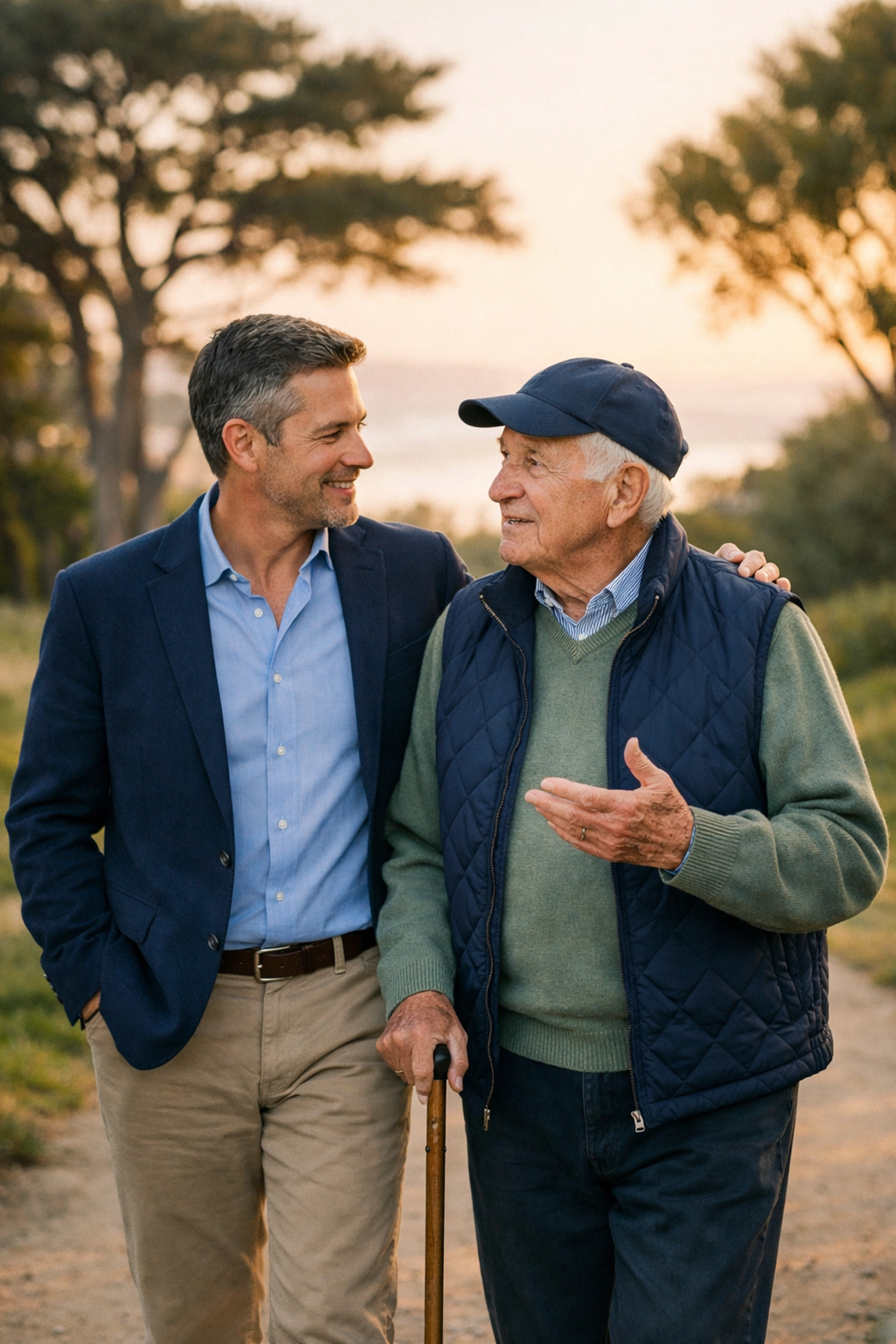 Adult son and elderly father walking in a park, representing family legacy and life insurance protection.