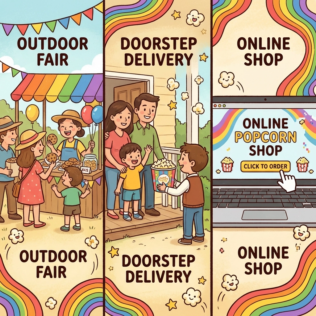 Multiple fundraising scenes show outdoor booths, home delivery, and online popcorn orders, showcasing fundraising flexibility.