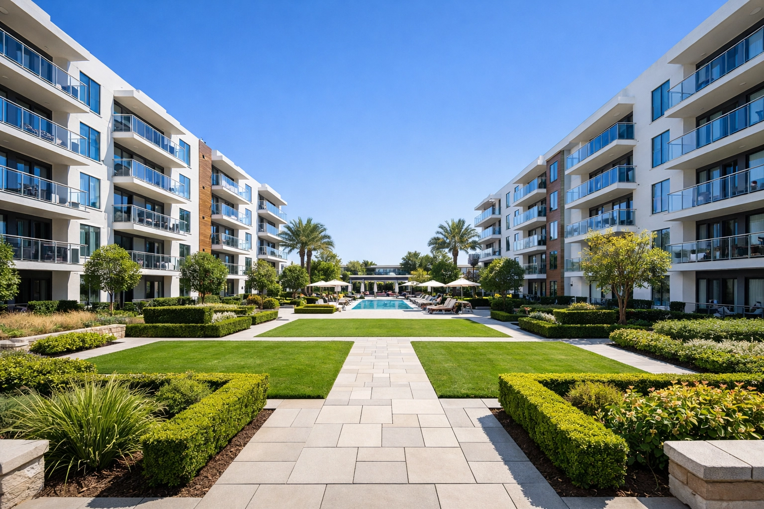 Pristine multifamily apartment courtyard highlighting high-quality maintenance for Midwest HOAs.