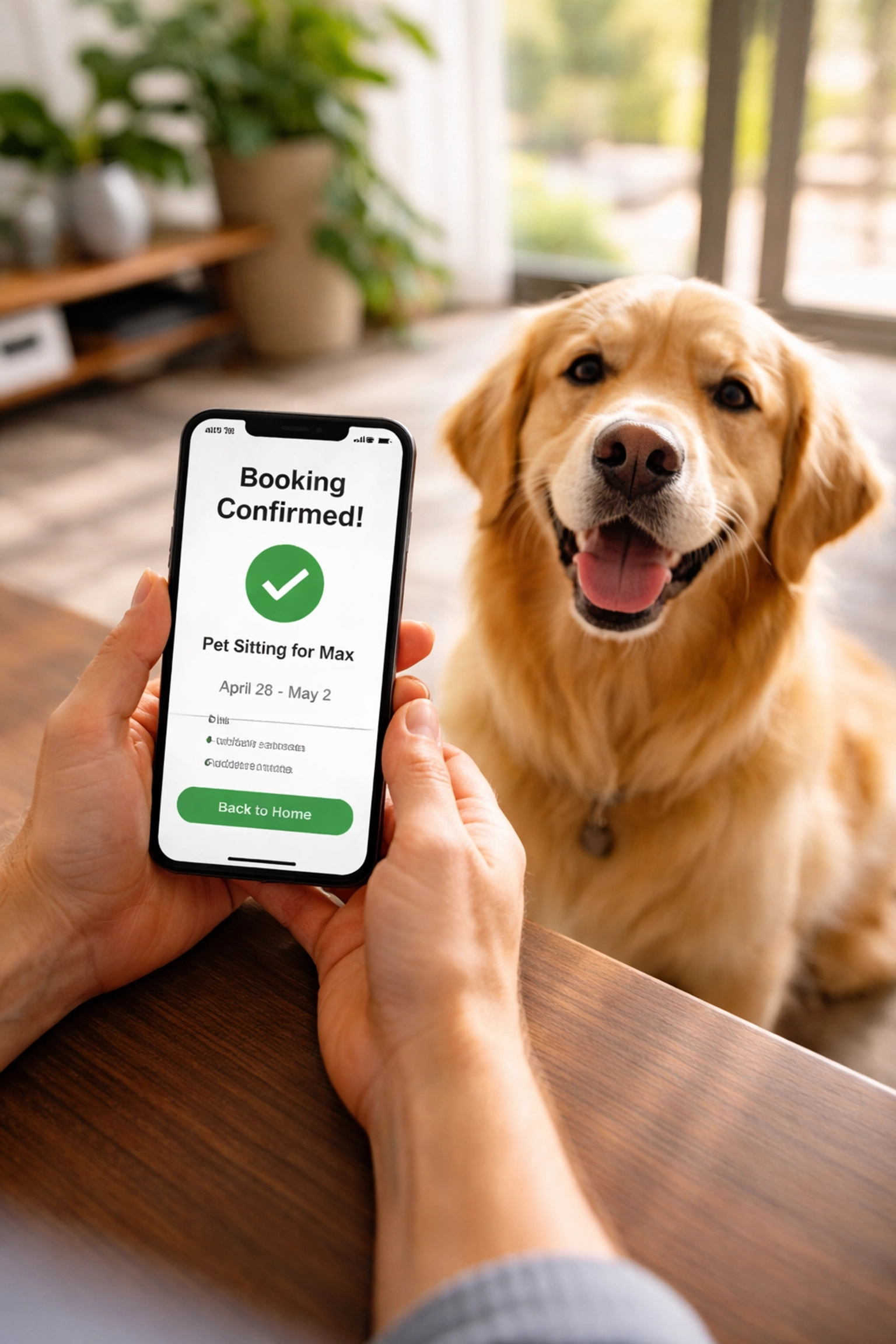 Brisbane pet sitter using smartphone to confirm booking with happy golden retriever in modern home