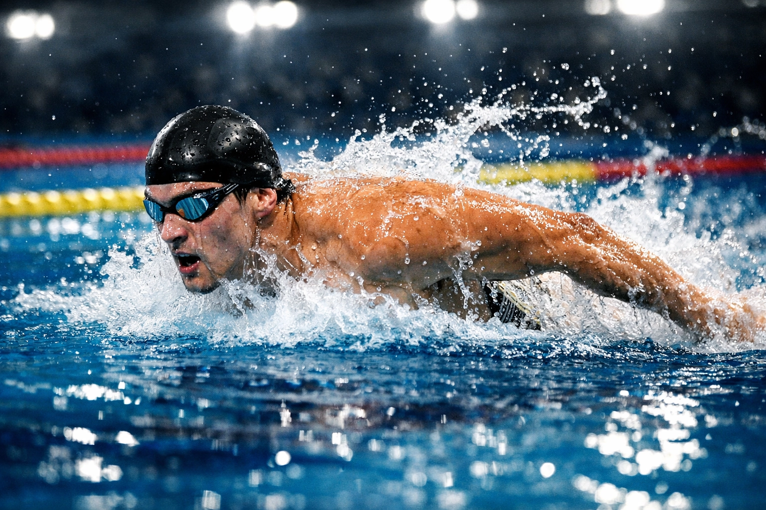 Nadador competitivo con técnica perfecta en piscina mejorando velocidad y tiempos