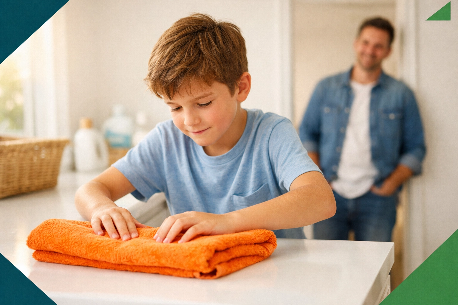 A young boy learning to fold laundry while his father watches supportively in the background.