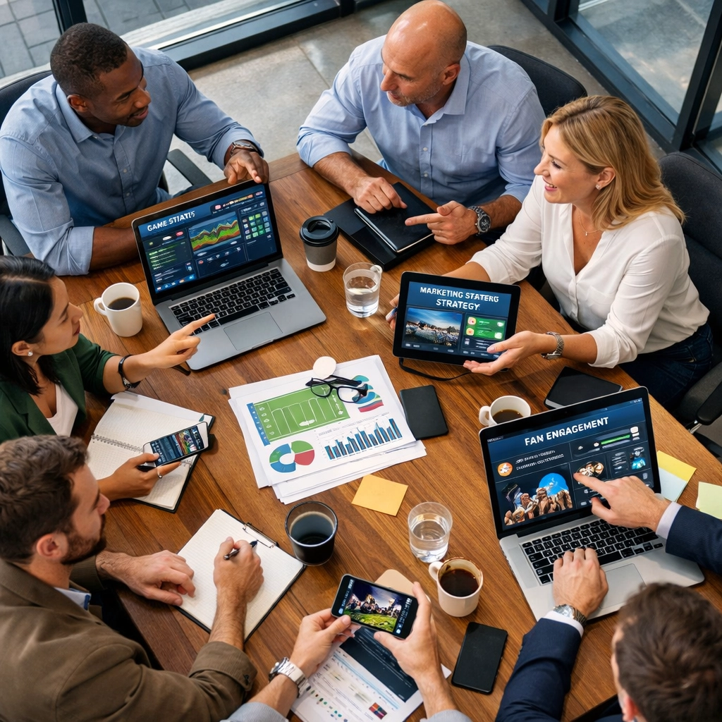 Sports marketing team collaborating on content strategy with laptops and analytics dashboards