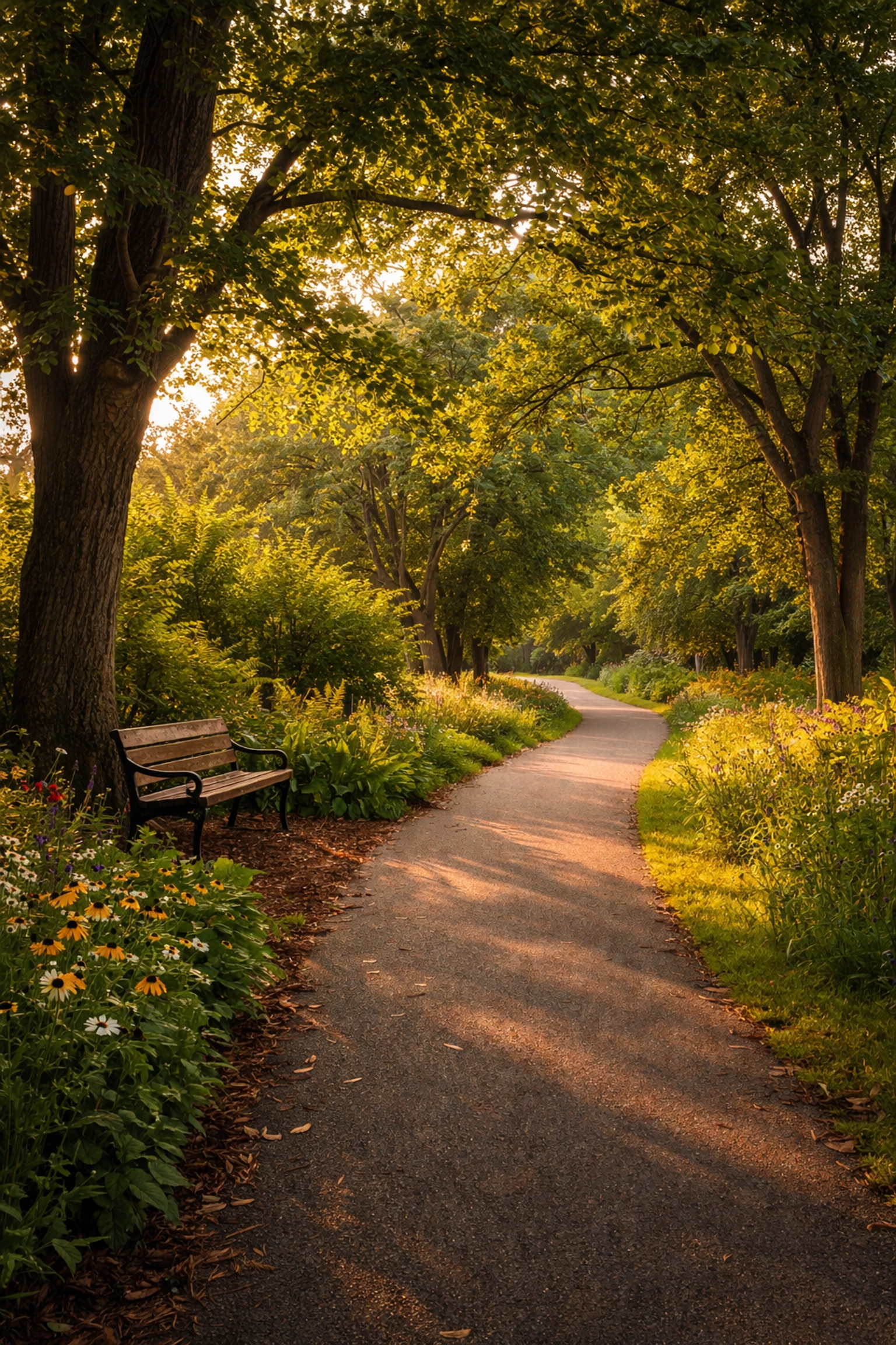Walking trail under mature trees at Villages of Northampton, perfect for active senior living in Bucks County