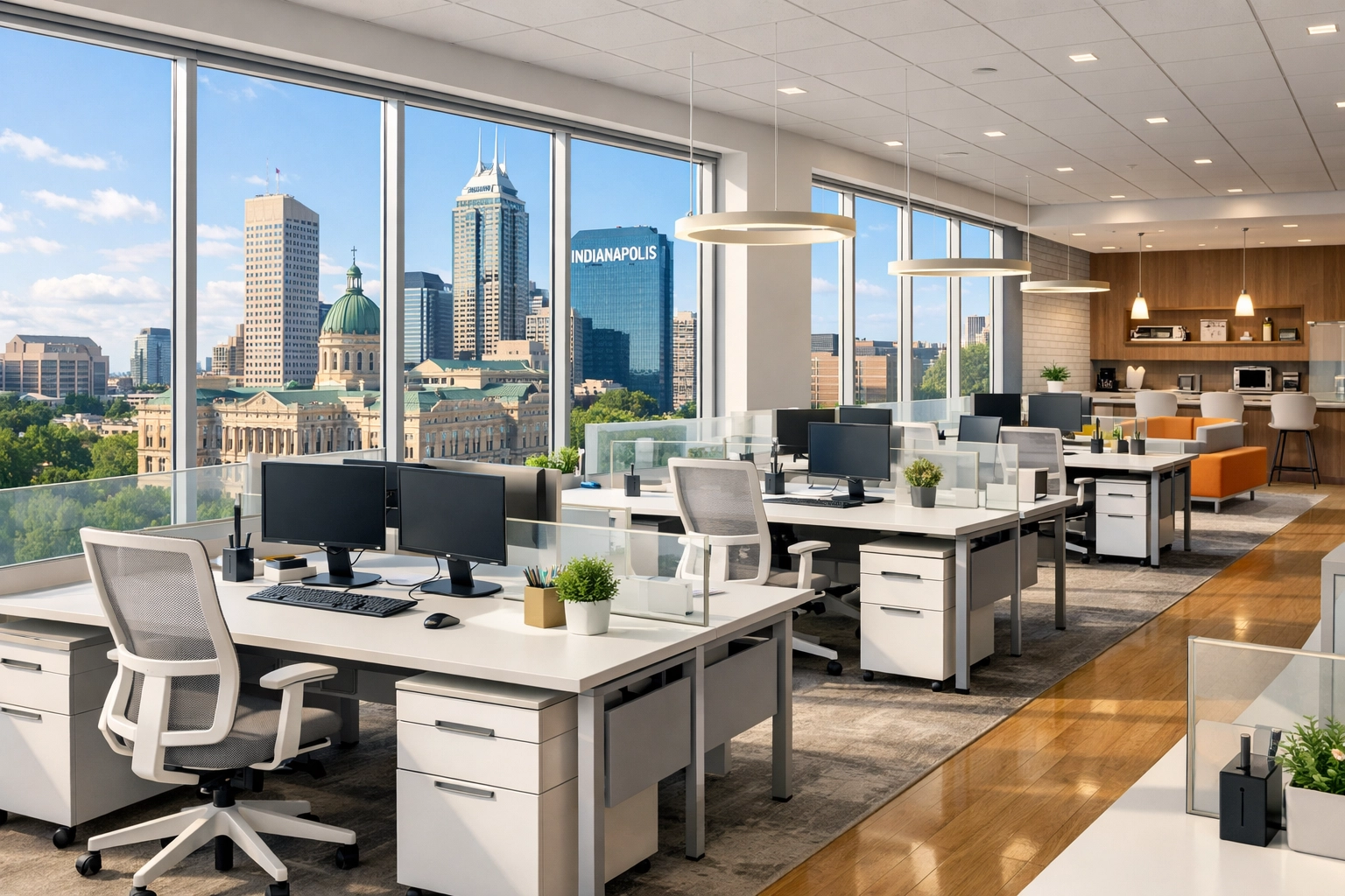 Well-maintained collaborative office workspace in Indianapolis reflecting efficient commercial cleaning services.