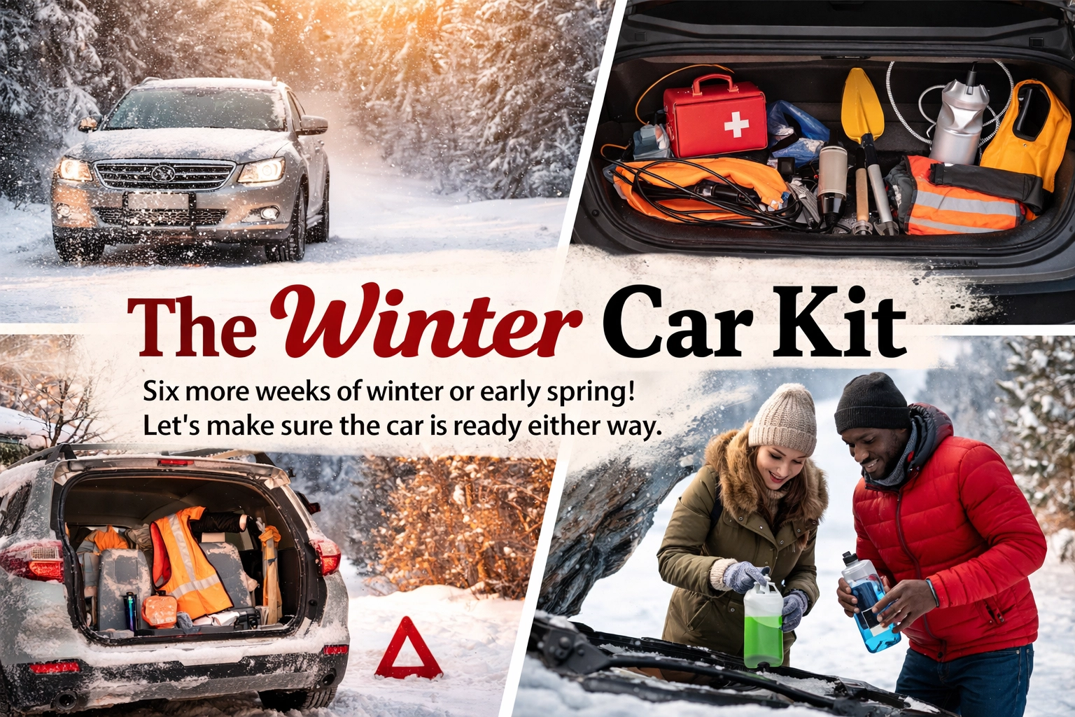 Four images: top left: a car driving through the snow. Top right: a well-stocked trunk of winter prepping gear. Bottom left: An open back of the SUV with winter prepping fear. Bottom right: A couple is adding fluids to prep their car before a trip. The Winter Car Kit: Six more weeks of winter or early spring? Let's make sure the car is ready either way.