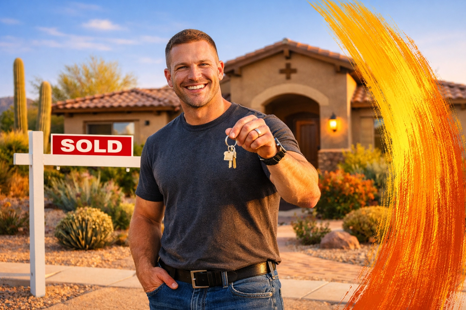 Firefighter holding keys in front of sold Phoenix home showing successful purchase Firefighter holding keys in front of sold Phoenix home showing successful purchase