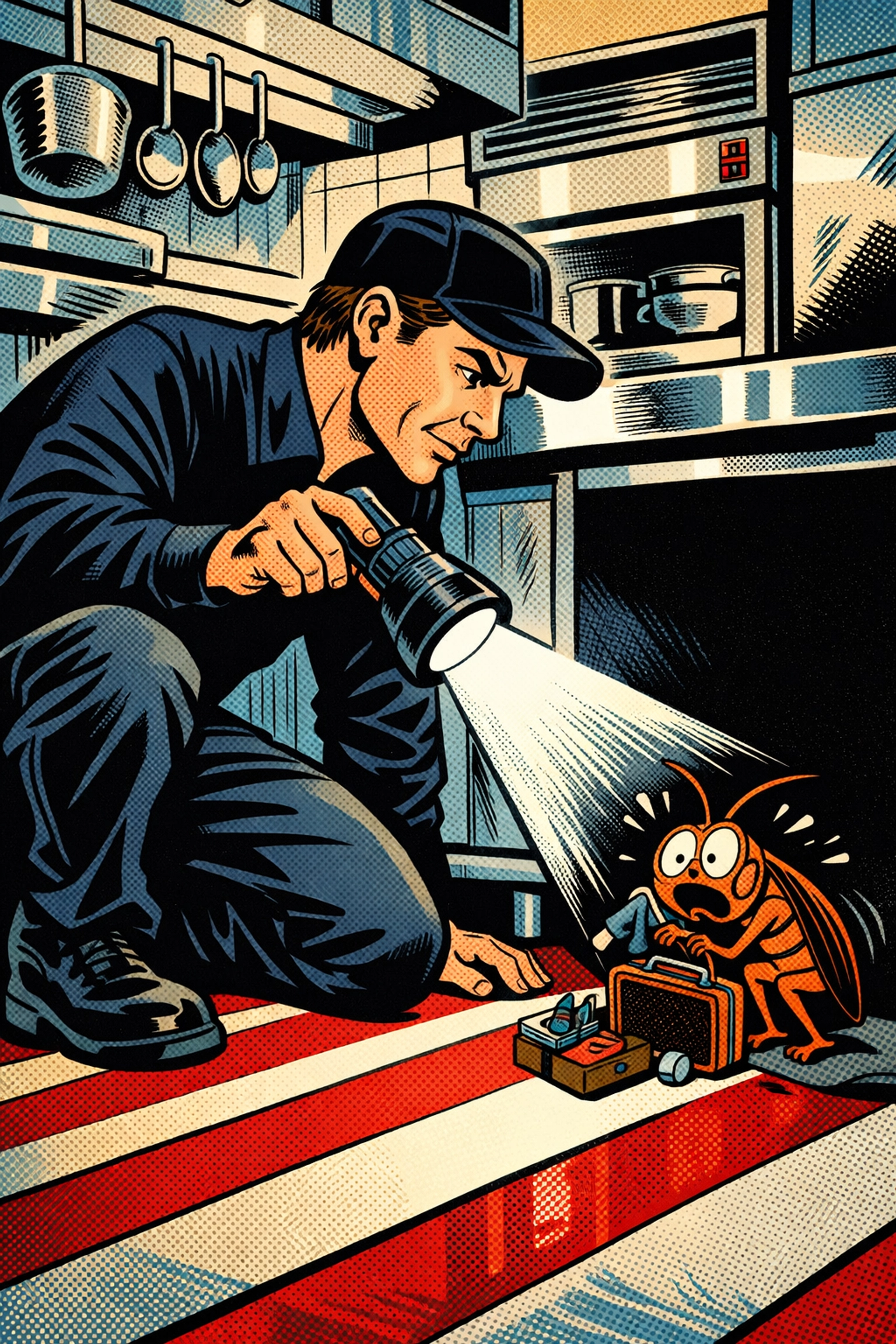 Professional commercial pest control technician inspecting a Birmingham business kitchen for infestations.