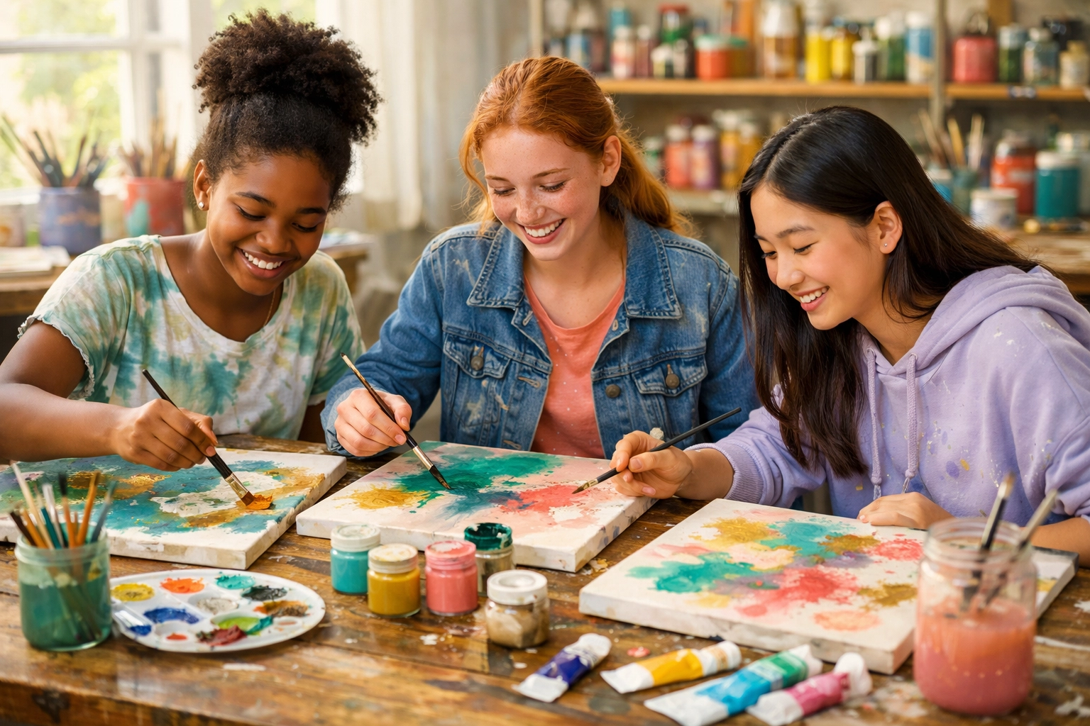 Group of teenage girls enjoying an art therapy session at a youth residential treatment center.