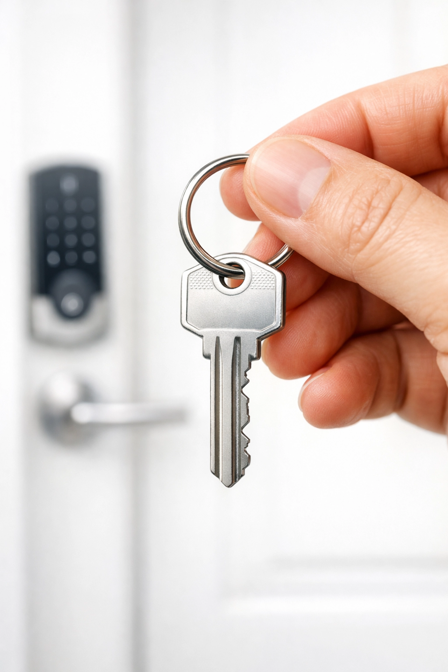 A hand holding keys to a finished, renter-ready apartment after a professional turnover.