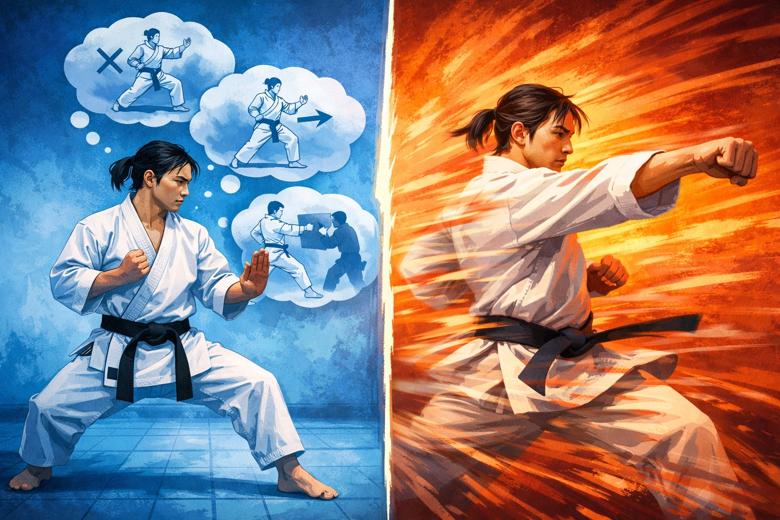 Martial artist progressing from conscious learning to automatic technique execution through repetition