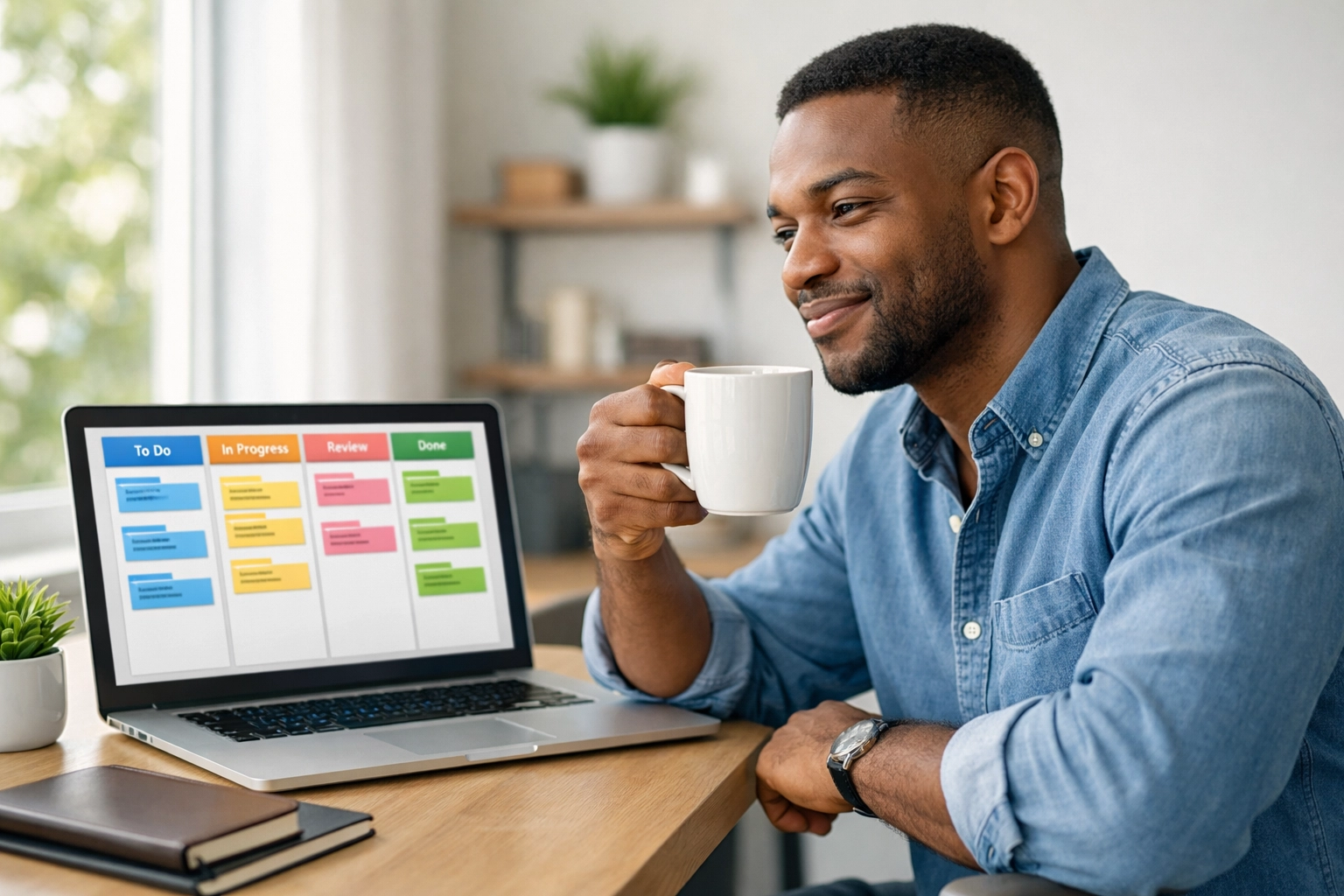 Professional using AI task management software to prioritize morning work tasks