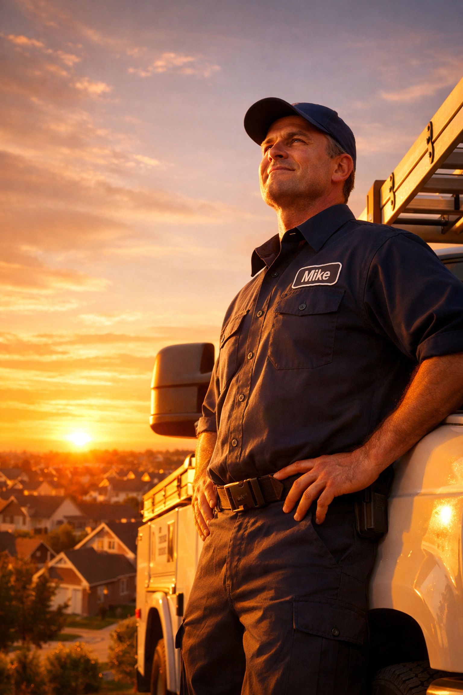 Successful local plumber standing with his service truck overlooking a community he serves.