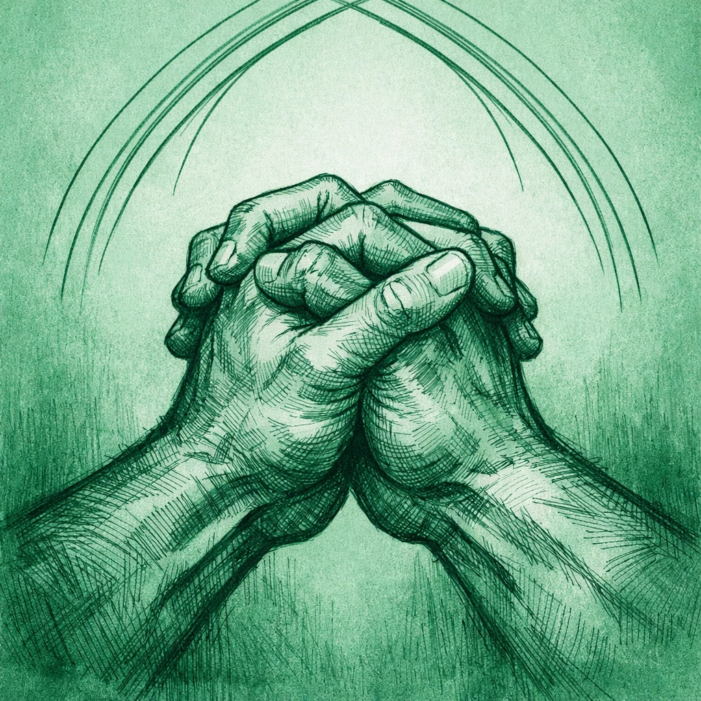Interlaced male hands symbolizing the sacred bond between faith and love in LGBTQ fiction.