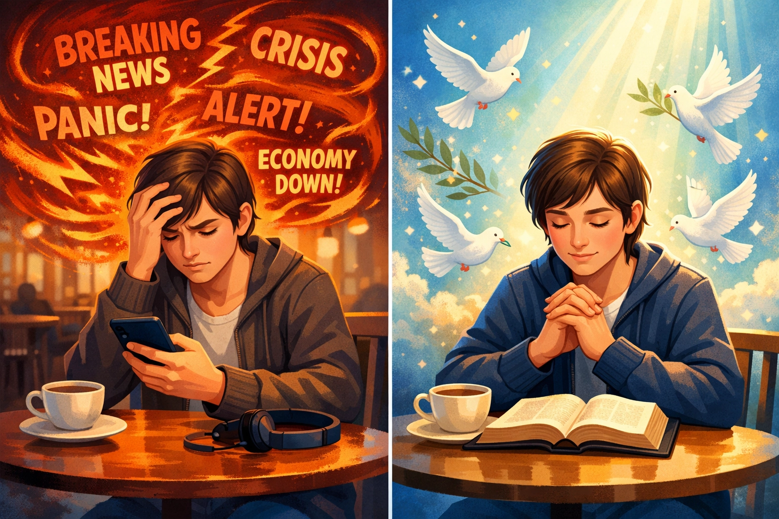 Contrast between anxious news scrolling and peaceful Bible reading with prayer