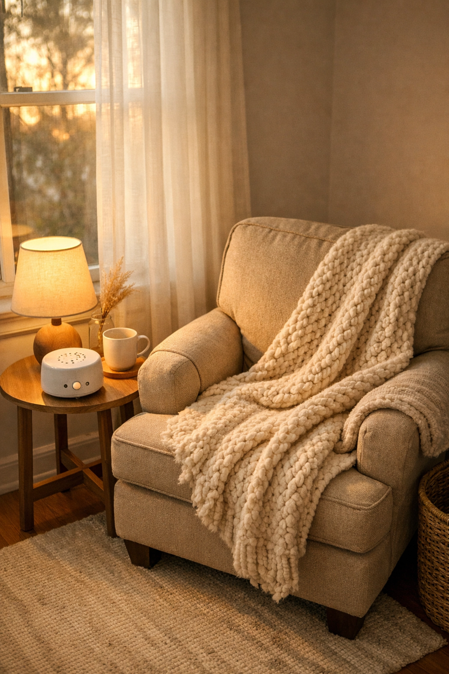 Sensory-friendly corner with cozy chair and blanket for ADHD parent to decompress