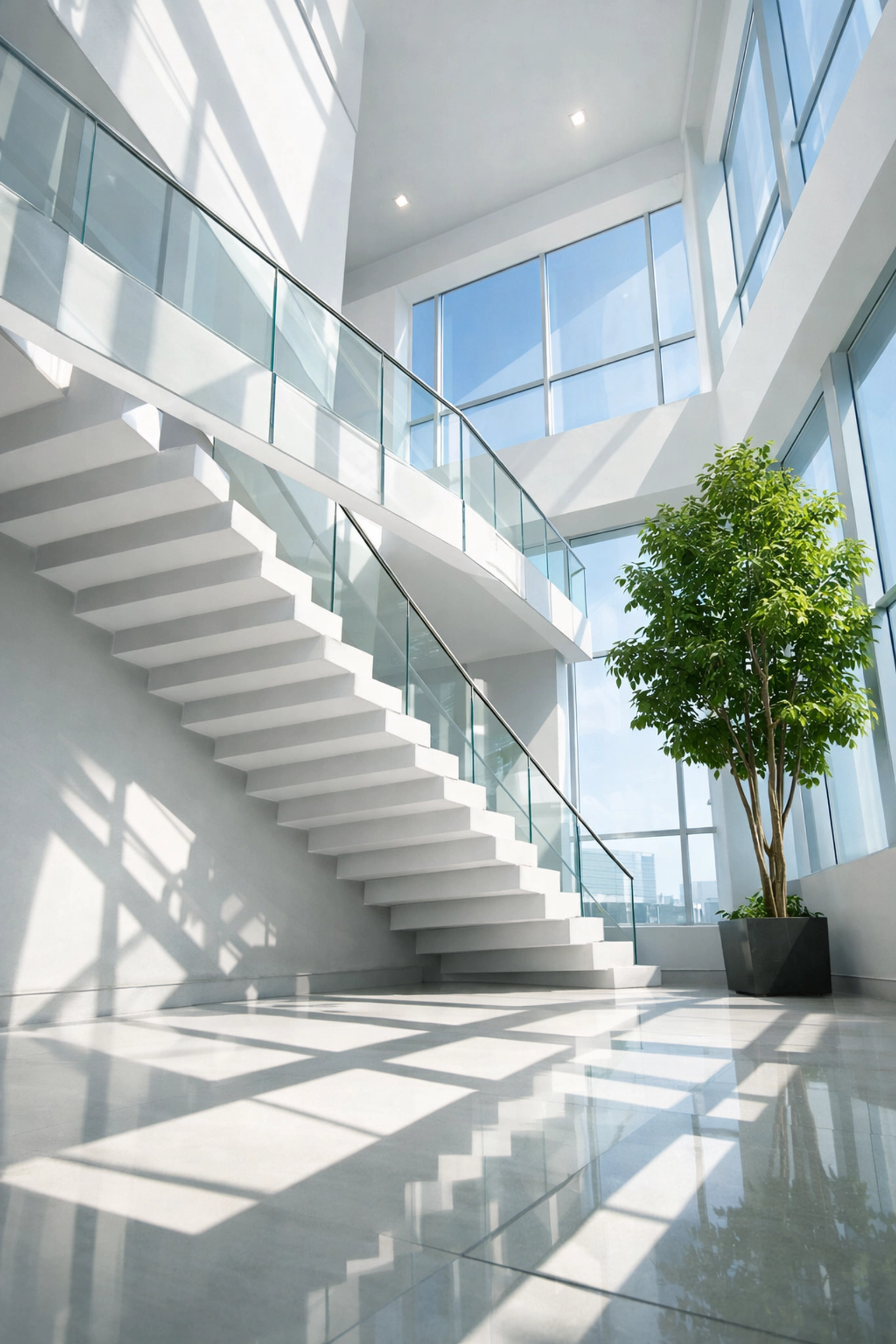 Bright minimalist staircase representing the scalable infrastructure and future growth of a custom website.