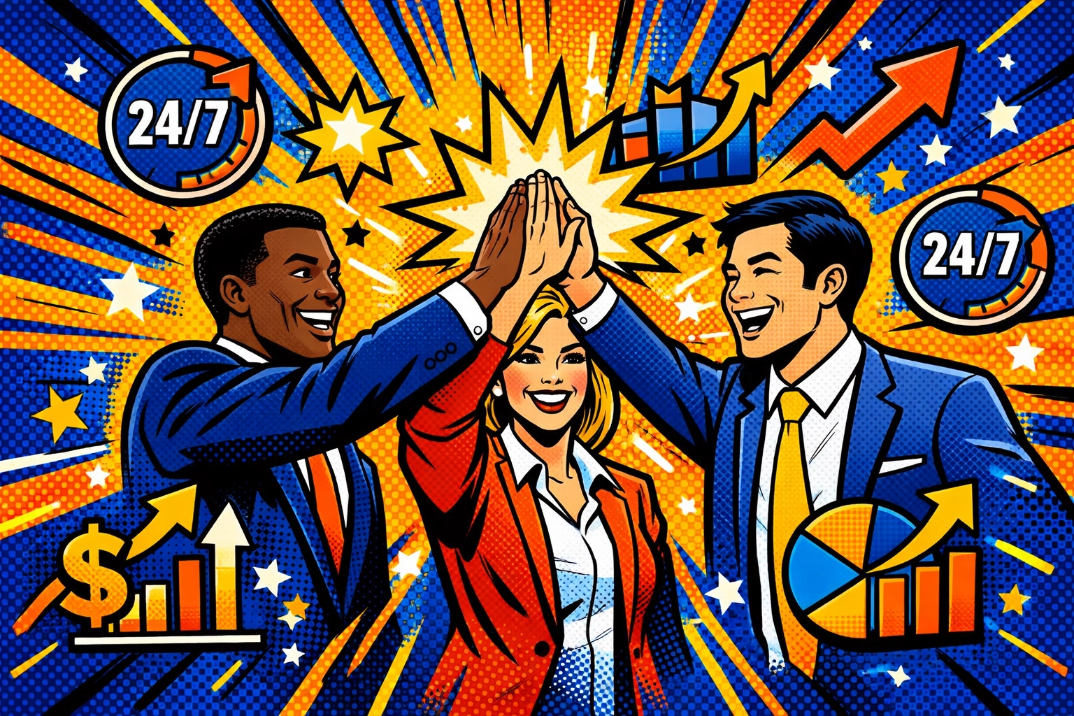 Business professionals celebrating growth and scaling success with AI automation