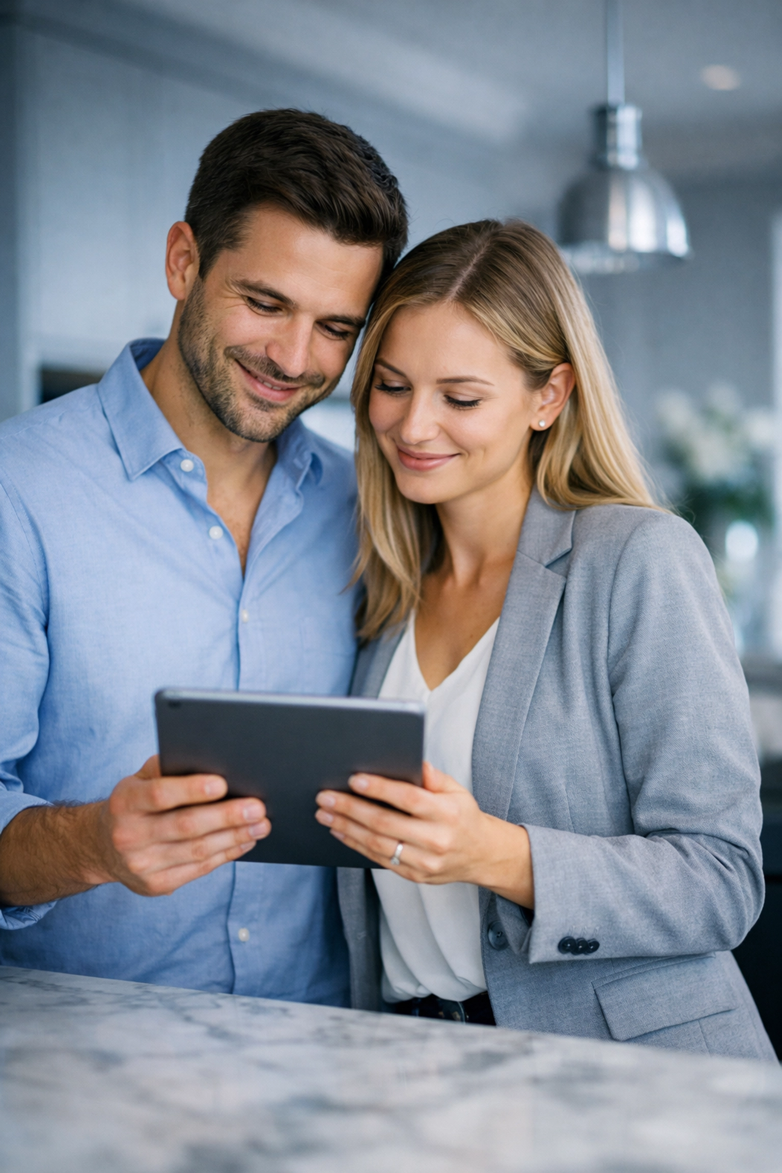 Happy Canadian couple in a modern kitchen smiling while viewing their quick loan options on a tablet.
