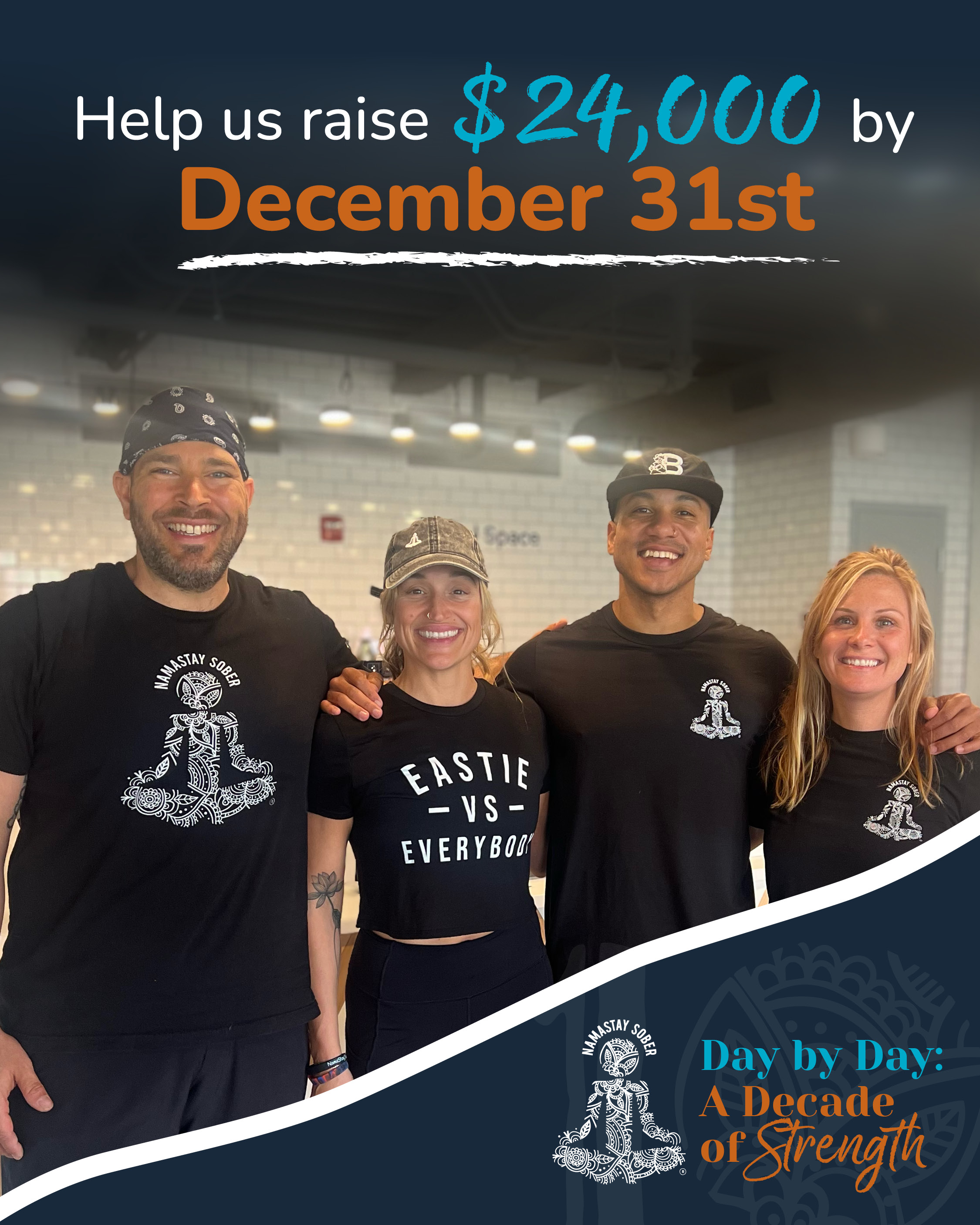 Day by Day: A Decade of Strength Four smiling adults stand arm-in-arm in a bright indoor space, highlighting fundraising and community support.