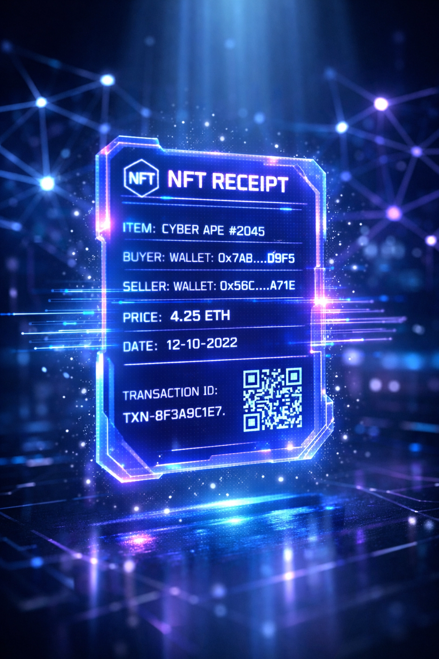 Blockchain NFT receipt with transaction verification data for crypto payment transparency