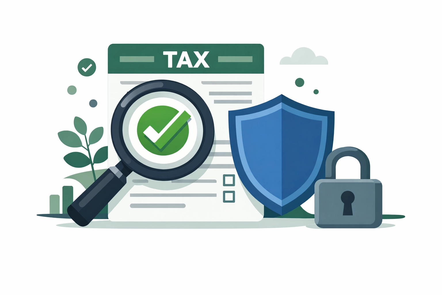 Illustration of IRS tax compliance and audit protection with a secure document and checkmark.