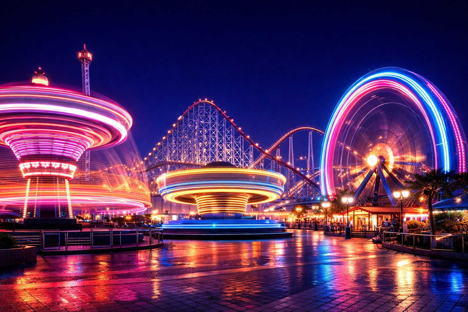 Long exposure of neon light trails at Nagashima Spa Land, showcasing the best photography locations at night.