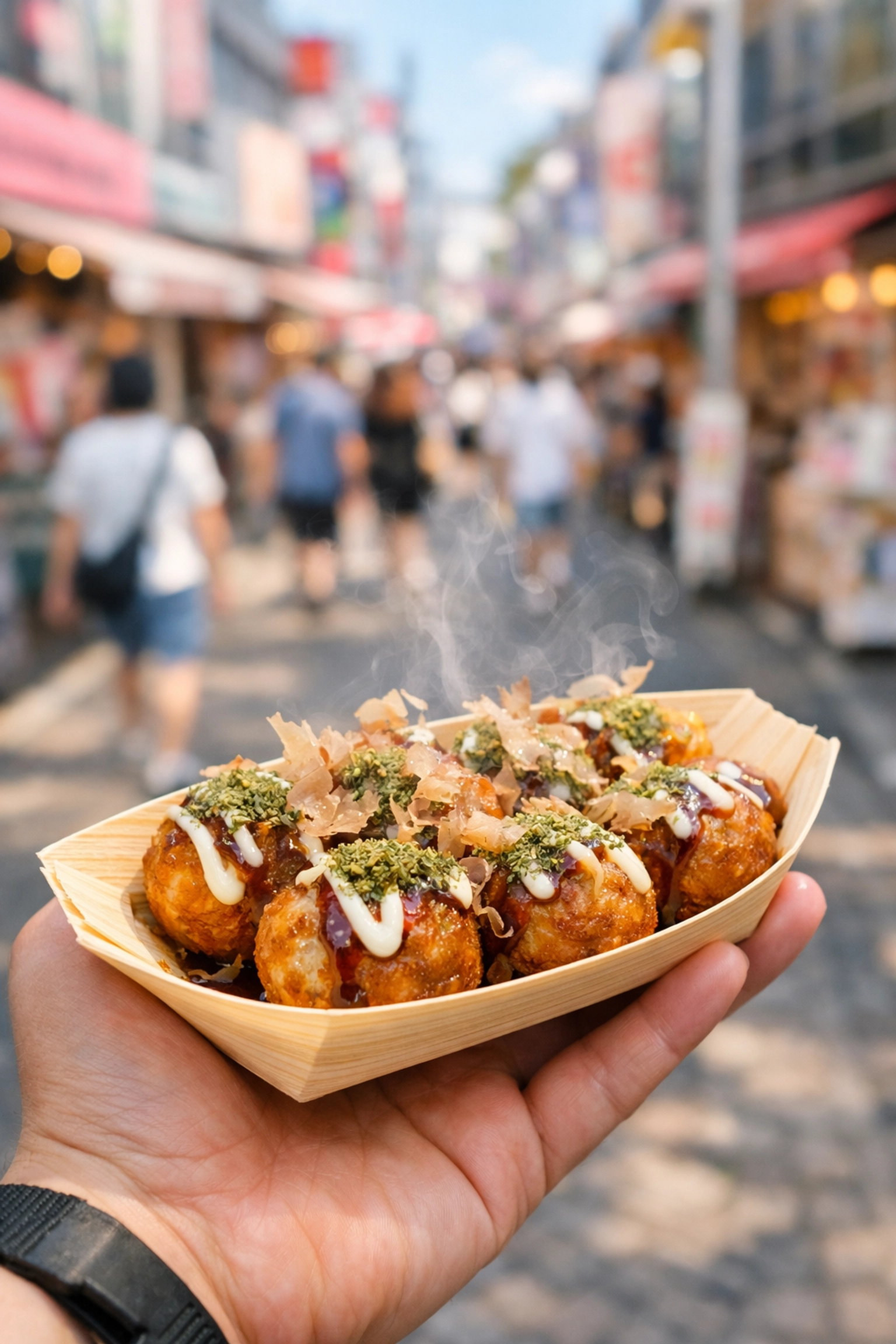 Freshly cooked takoyaki octopus balls in Harajuku, a top thing to do for foodies traveling in Japan.