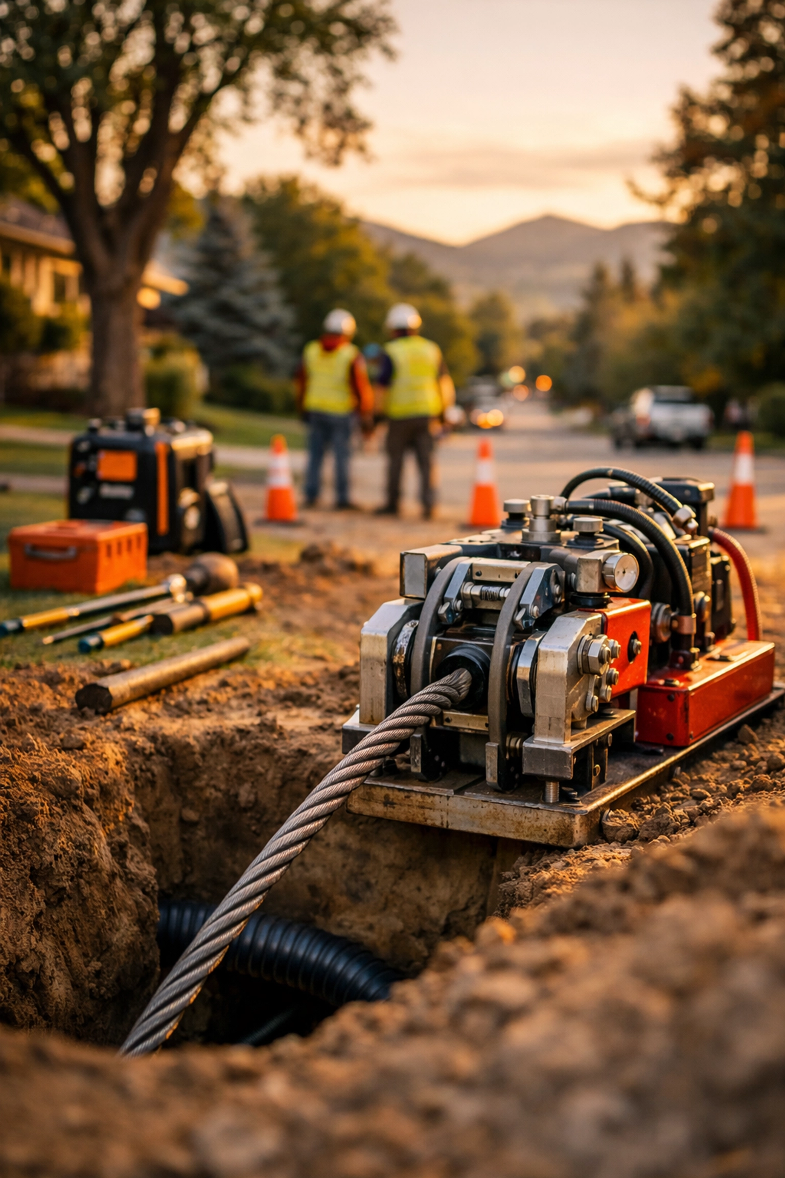 Professional trenchless pipe bursting equipment setup for a residential sewer replacement in Denver.