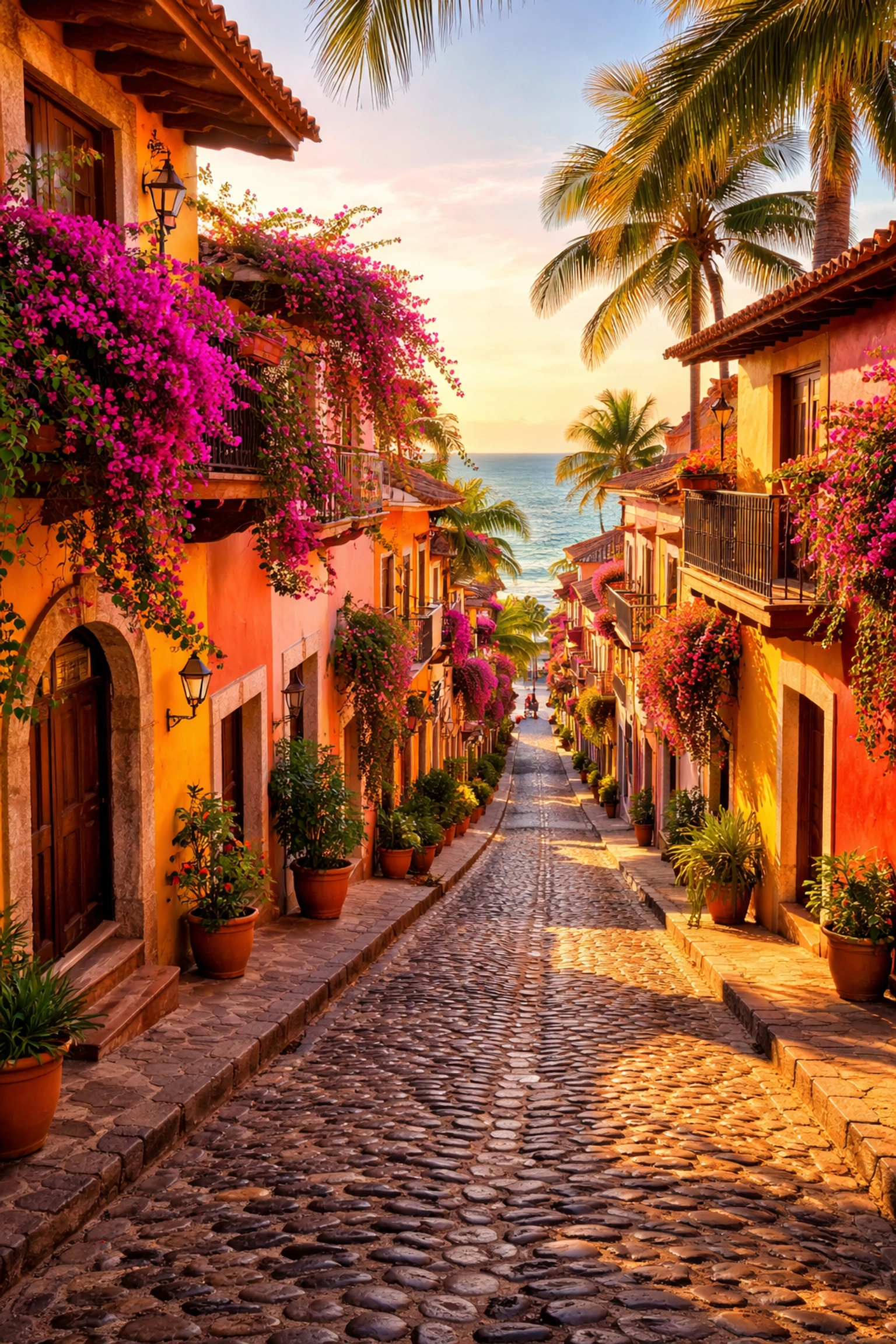 Vibrant cobblestone street in Old Town Puerto Vallarta with colorful colonial buildings and ocean view