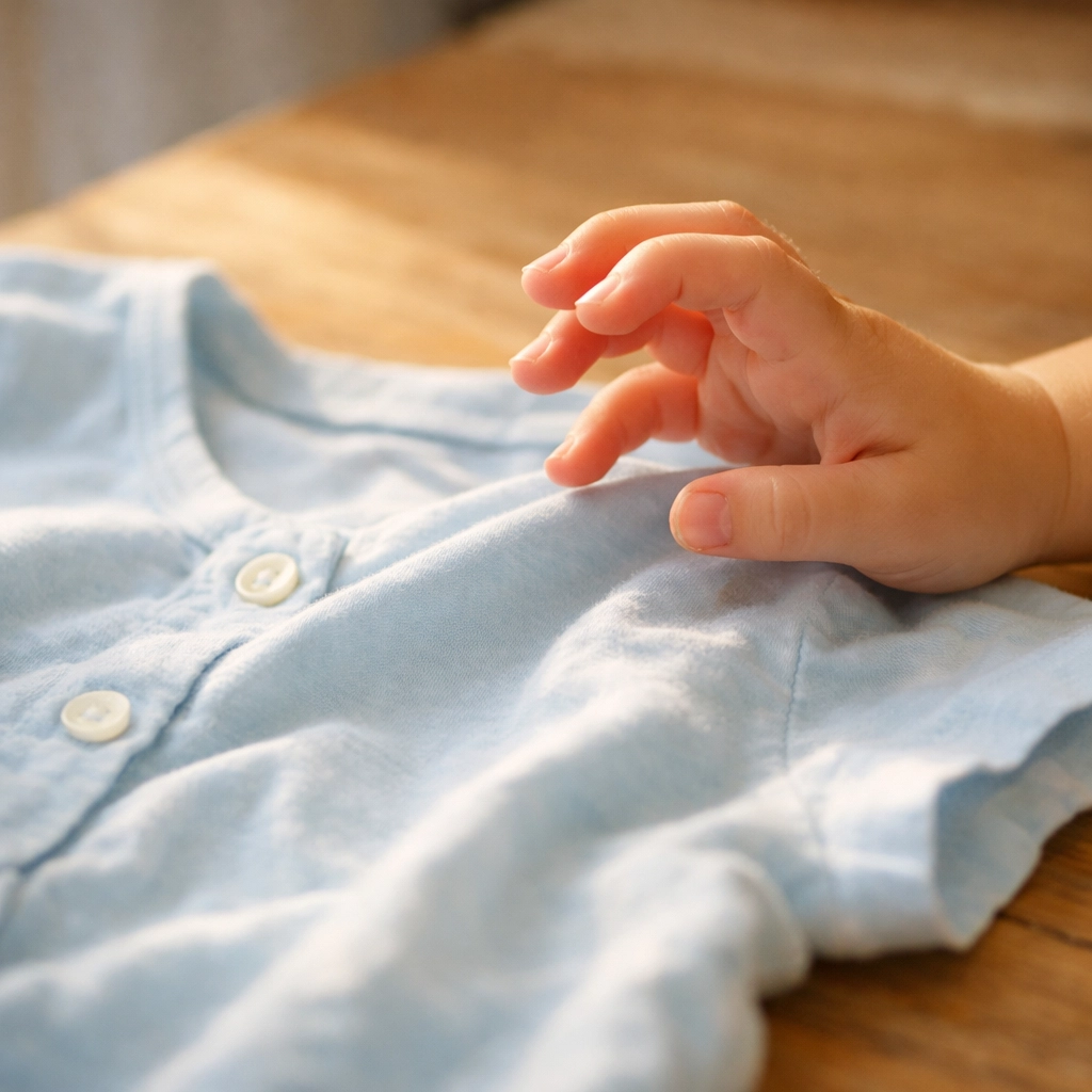 Child's hand pulling away from shirt showing sensory overload and clothing sensitivity
