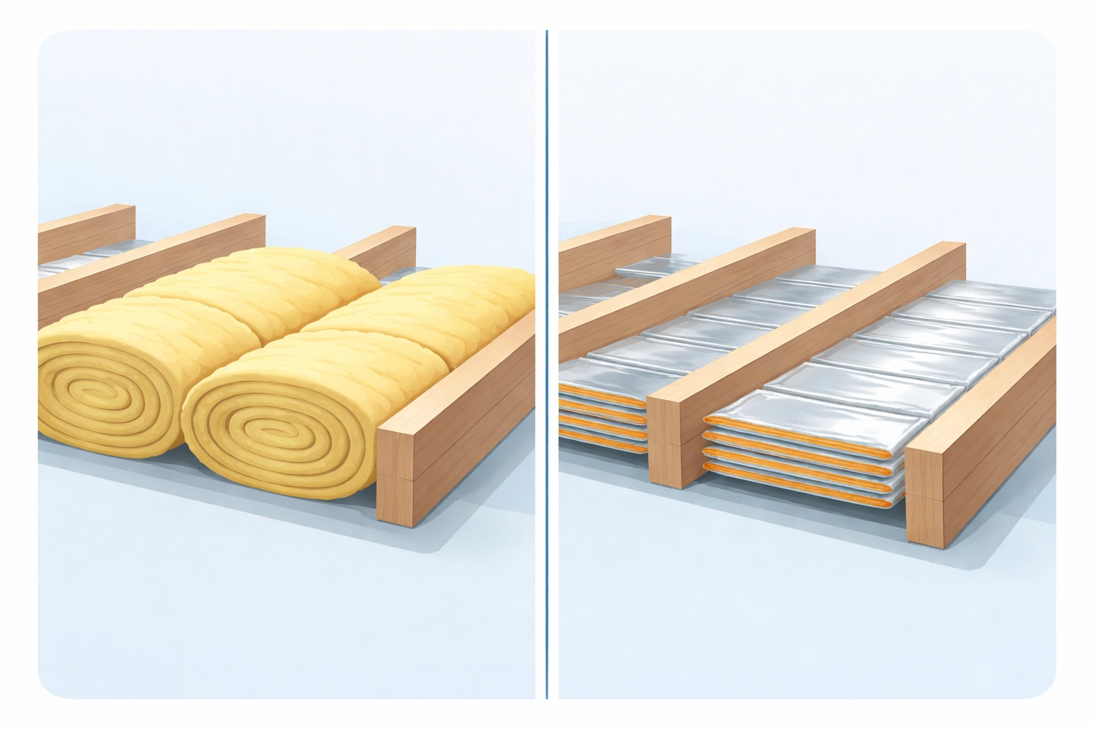 Comparison of mineral wool and multifoil loft insulation, highlighting space-saving and installation options