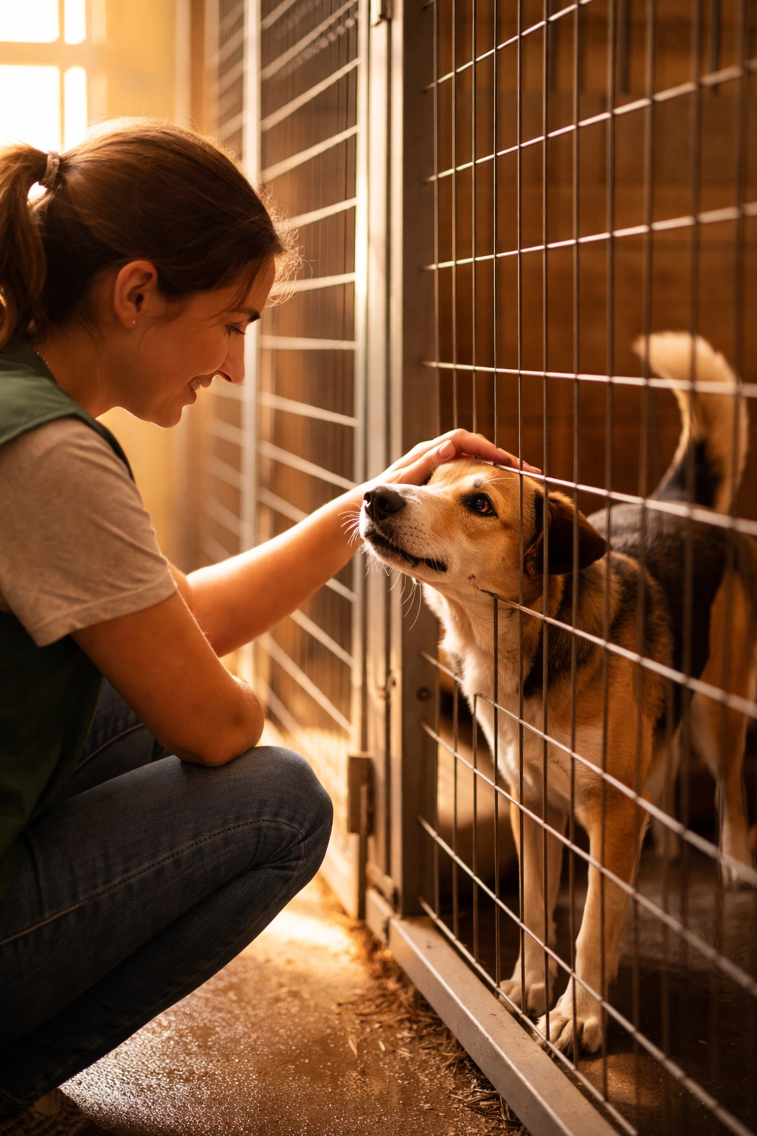 Volunteer petting a shelter dog through kennel bars, building trust and helping socialization for adoption.