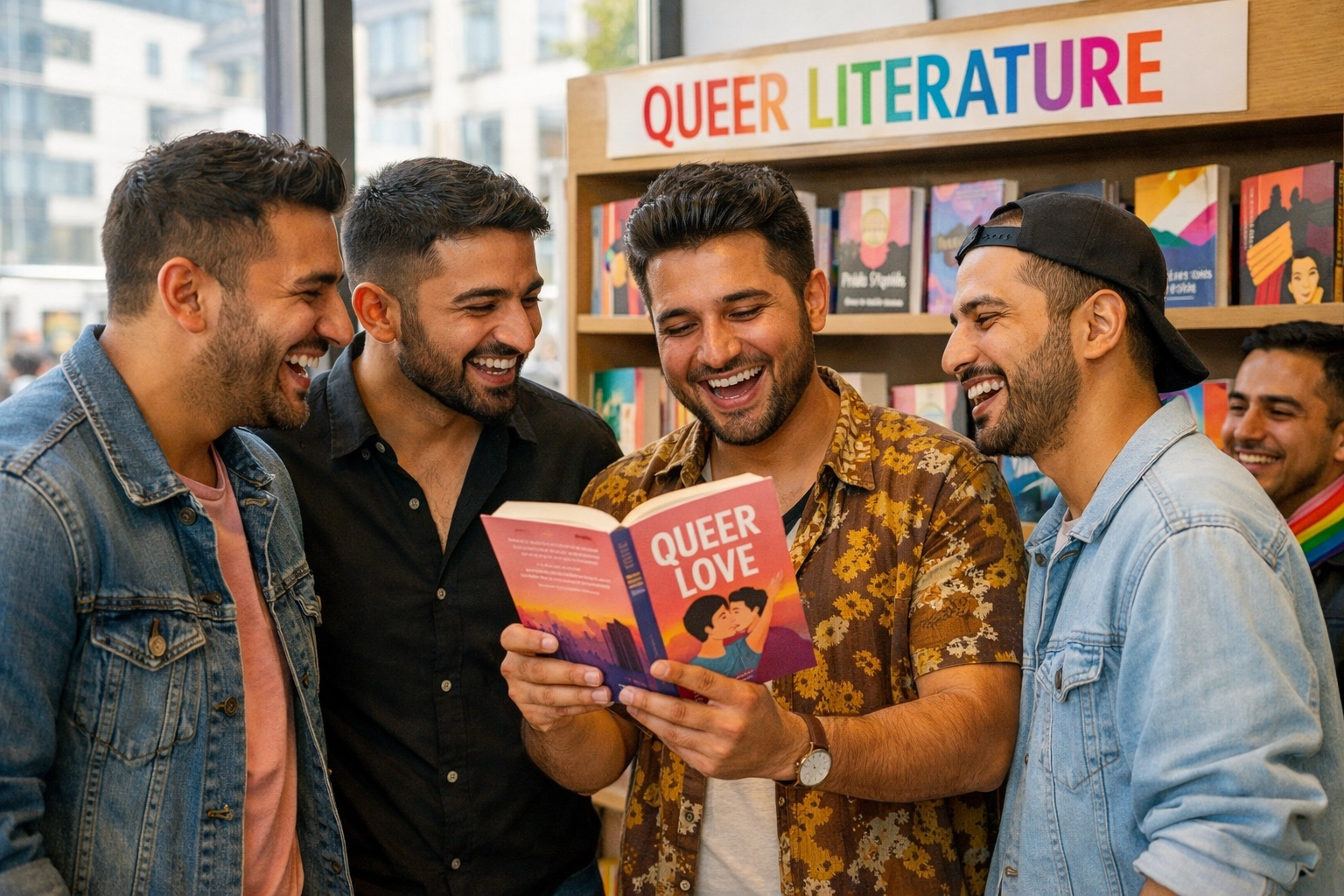 Joyful gay Afghan men in a sunlit bookstore exploring popular gay books and queer literature in the diaspora.
