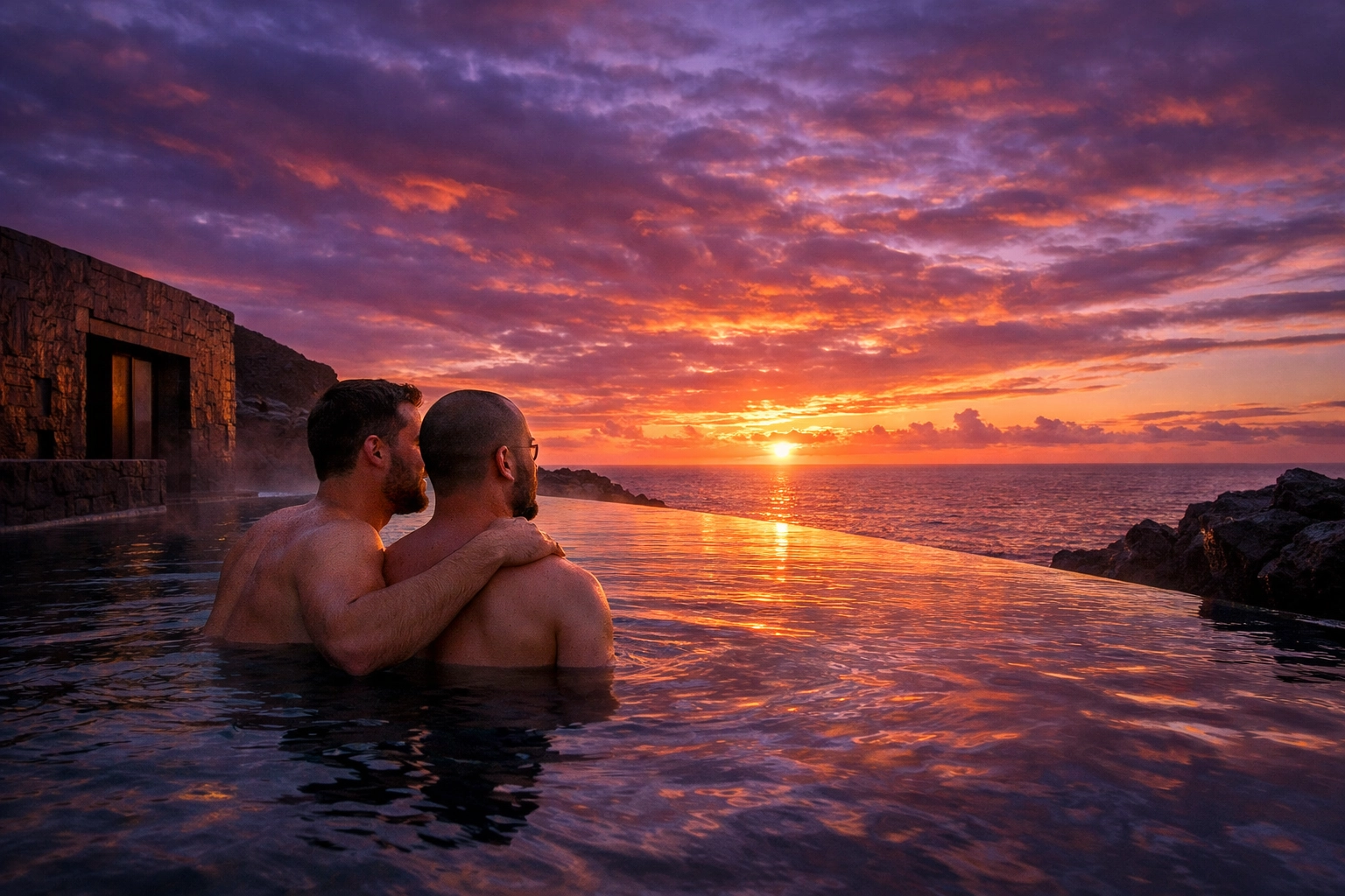 A gay couple watches the sunset from an infinity edge thermal bath during a winter travel getaway.