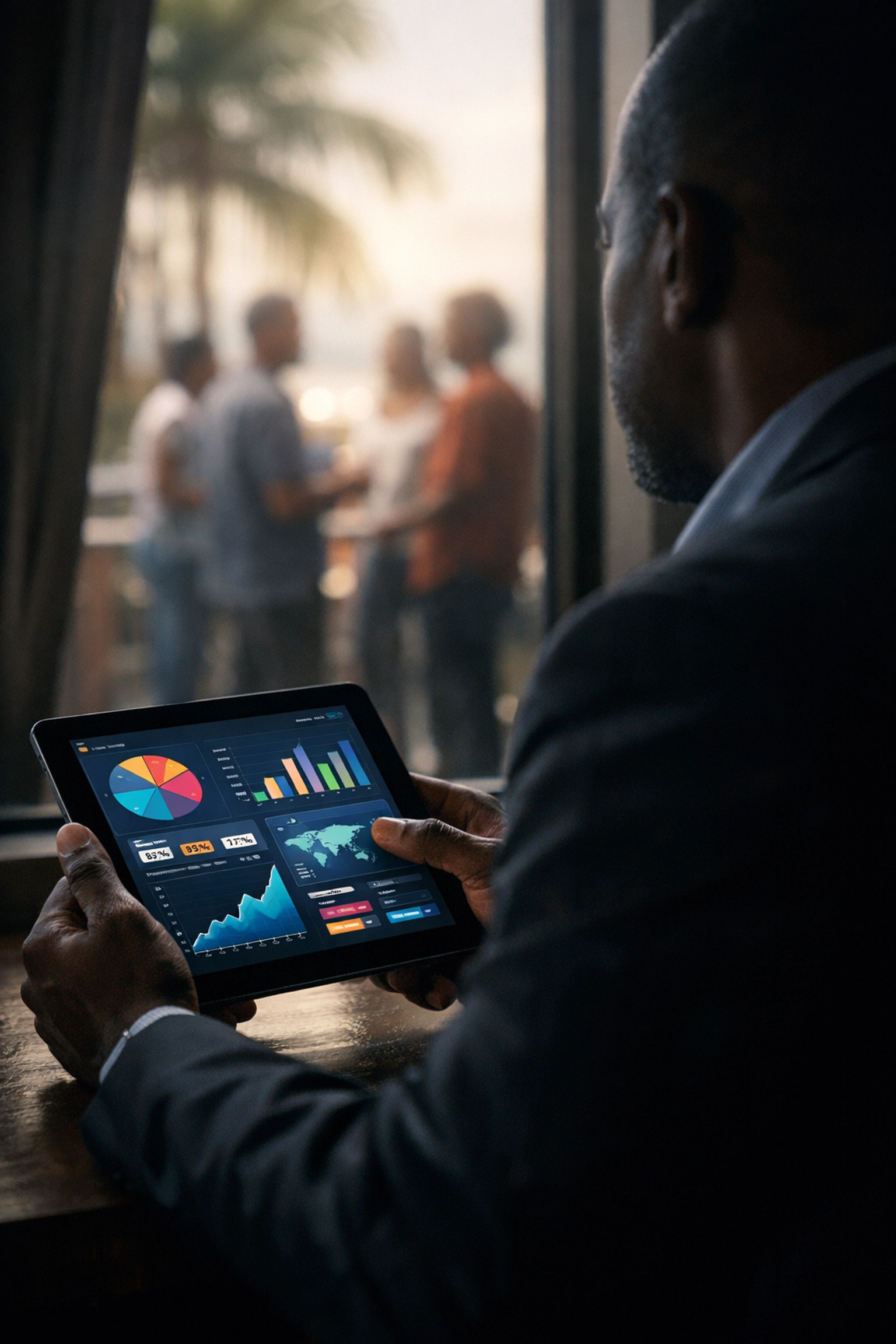 Leader viewing data dashboard while turning away toward real people through window
