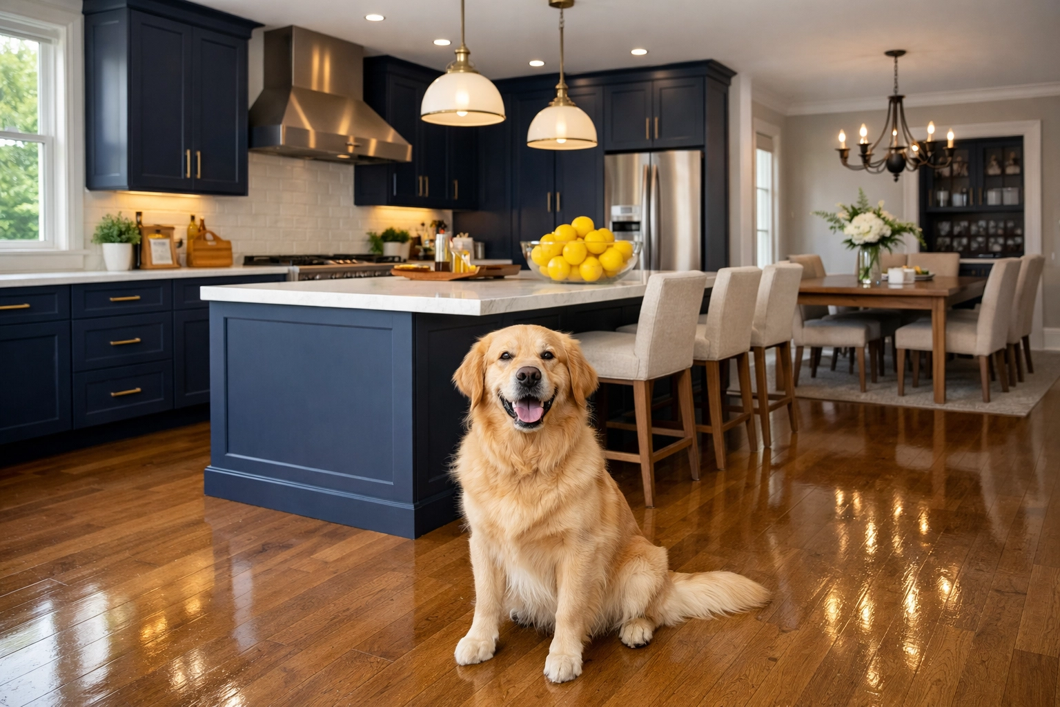 Pet-friendly East Falmouth kitchen with hair-free floors from regular weekly house cleaning.