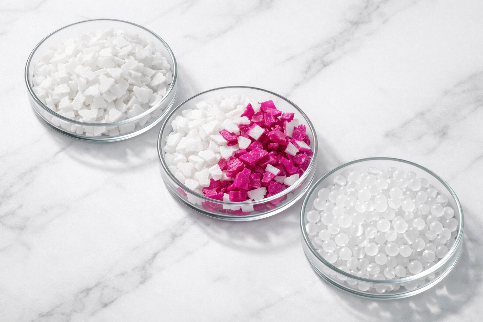 Sorted HDPE flakes and LDPE pellets in glass dishes ready for plastic recycling manufacturing.