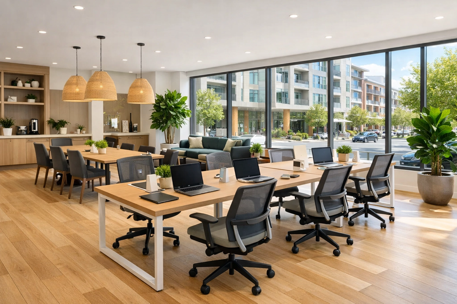 Modern co-working space in an Indianapolis multifamily development with clean hardwood floors.