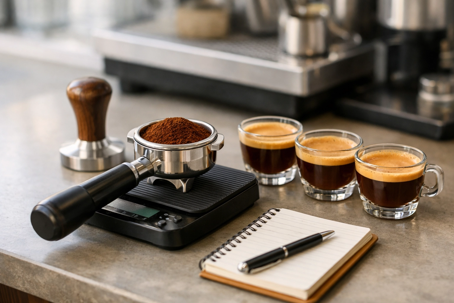 A barista station with a precision scale and portafilter, ready for dialing in espresso at a new coffee shop.