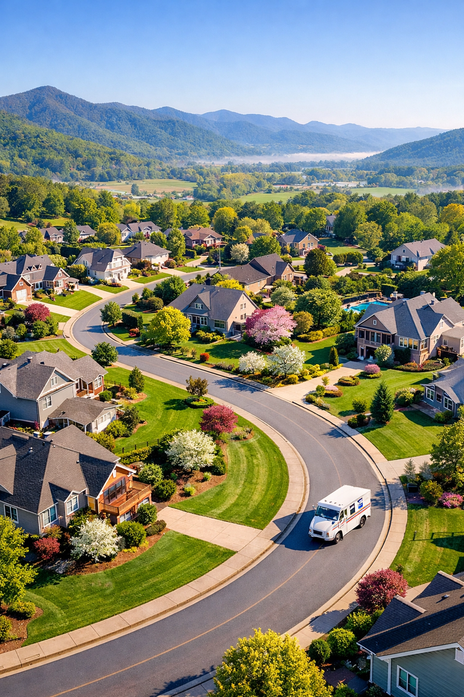 Aerial view of a Jackson County Michigan neighborhood showing a mail truck delivering direct mail campaigns.